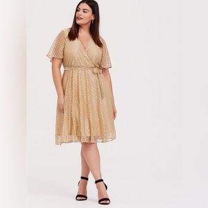 Torrid Gold Metallic Polka Dot Mesh Wrap Dress